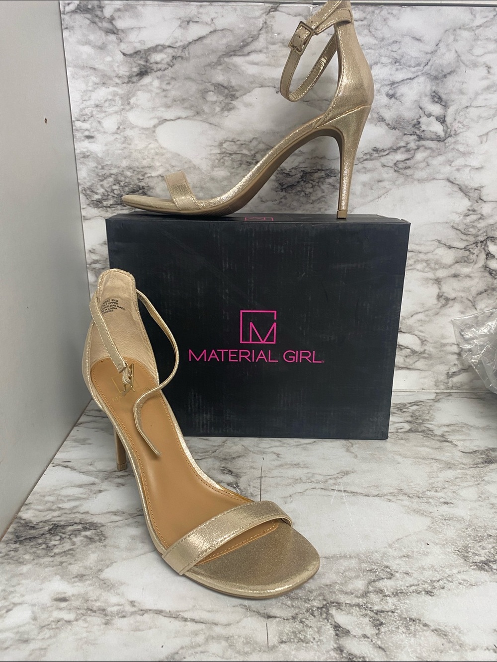 Material Girl Metallic Gold Ankle-Strap Stiletto Heels